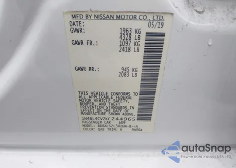 2019 Nissan Altima 2.5 Sr from USA, damaged, VIN 1N4BL4CV2KC244965
